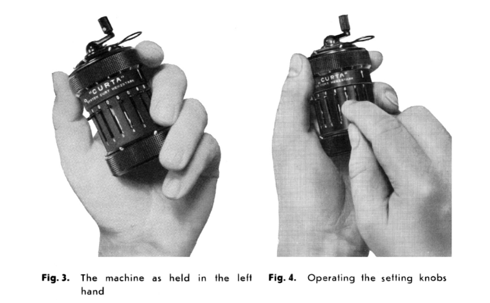 Fig 3. The machine as held in the left hand / Fig 4. Operating the setting knobs