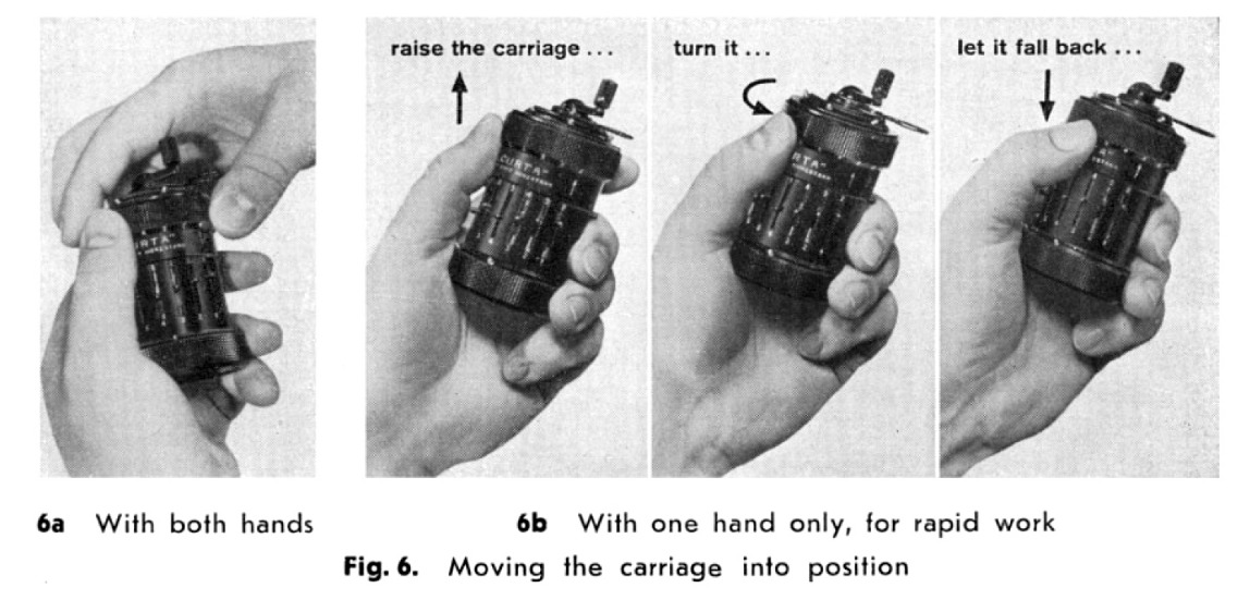 Fig. 6: moving the carriage into position (a: with both handles, b: with one hand only, for rapid work)